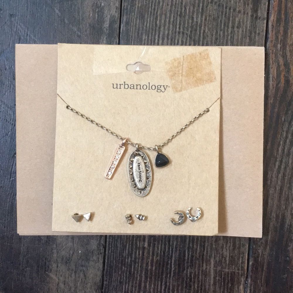 NEW Urbanology I am Strong Necklace Earring Jewelry Gift Set Studs Charms Silver